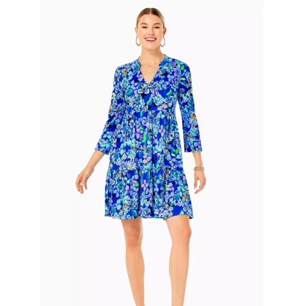 LILLY PULITZER ALAINA DRESS 3/4 SLEEVE BLUE GROTTO TWILIGHT TROPICS small $118 - Picture 3 of 9